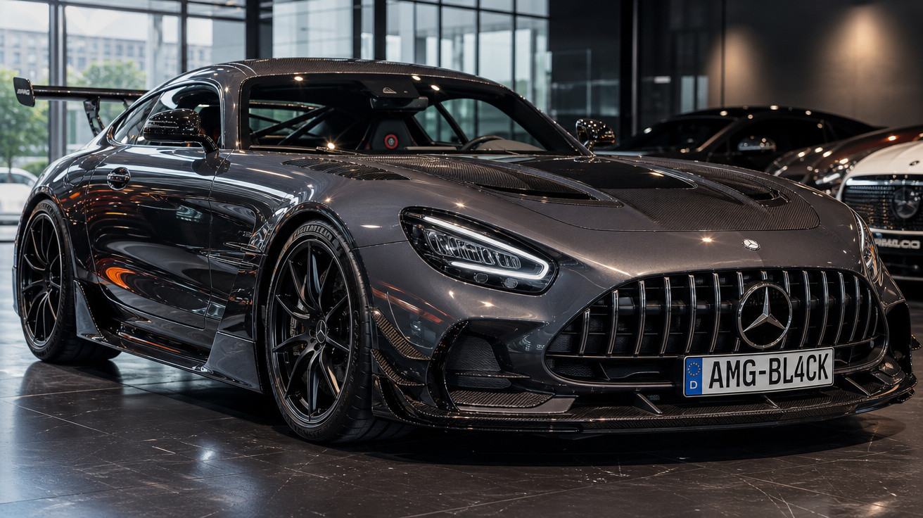 Carro desportivo Mercedes-Benz AMG cinzento metálico em showroom com luz natural e detalhes aerodinâmicos.
