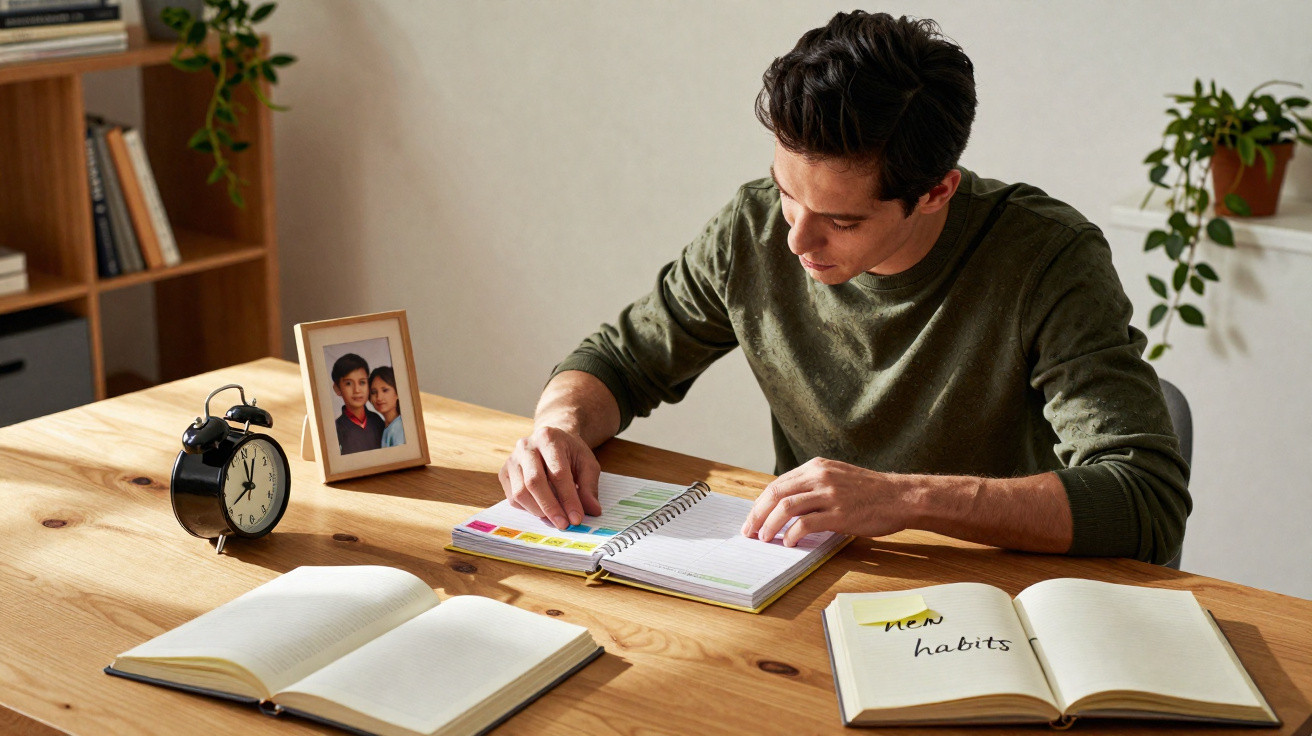 Homem sentado a estudar numa mesa de madeira com livros e um relógio mecânico preto.