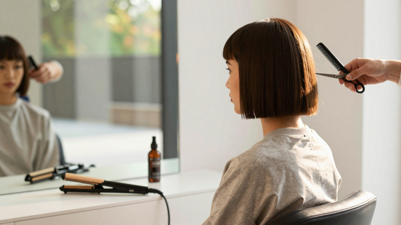 Mulher de cabelo curto sentada num salão de cabeleireiro enquanto corta o cabelo à tesoura.