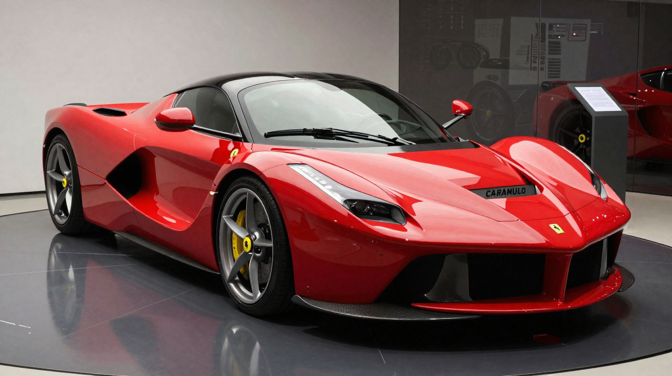 Carro desportivo Ferrari vermelho exposto em showroom com tejadilho preto e jantes cinzentas com pinças amarelas.