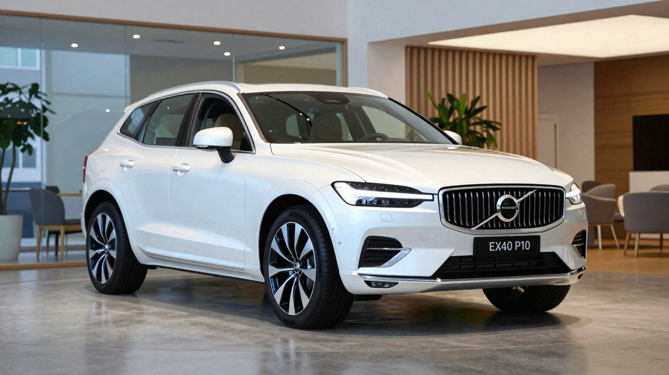 Carro Volvo EX40 P10 branco estacionado em interior moderno com janelas grandes e decoração minimalista.