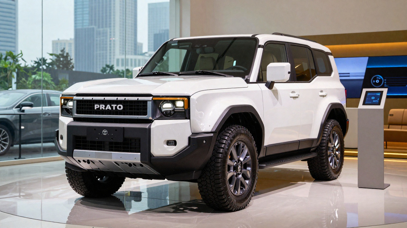 Carro SUV branco modelo Prato exibido em salão com fundo urbano visível através da janela.
