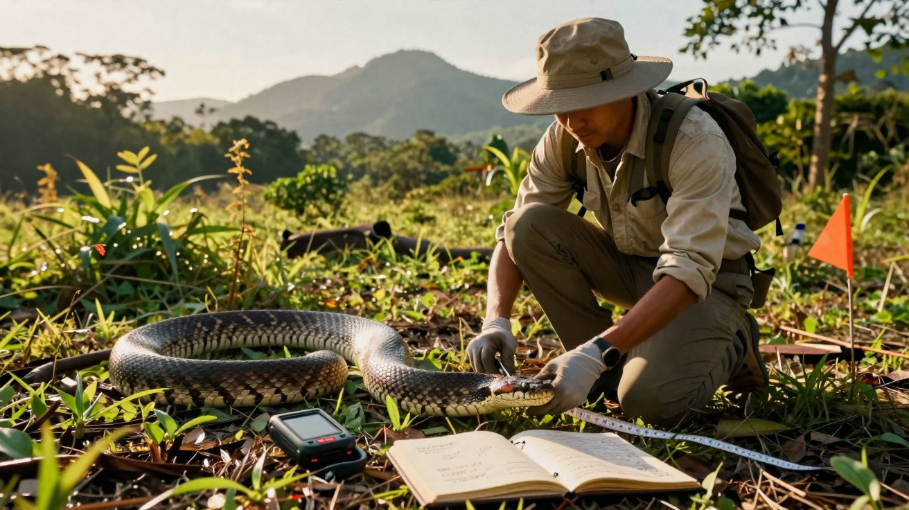 Homem cientista mede cobra grande numa área natural ao ar livre com montanhas ao fundo.