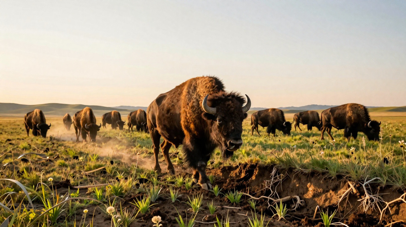 Manada de bisontes a caminho numa planície verde ao entardecer com céu limpo.