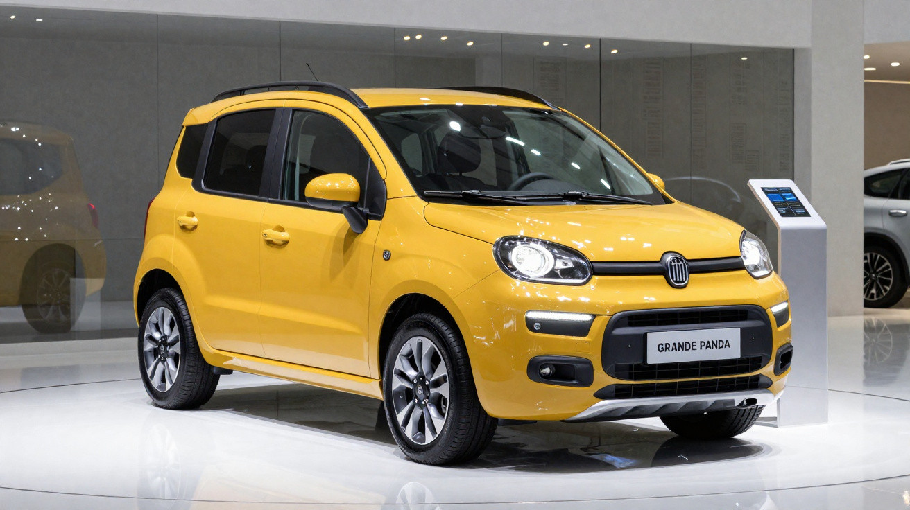 Fiat Grande Panda amarelo exposto em showroom com piso branco e paredes cinzentas.