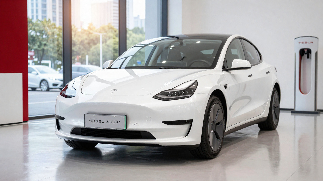 Carro elétrico Tesla Model 3 Eco branco estacionado no interior com estação de carregamento ao fundo.