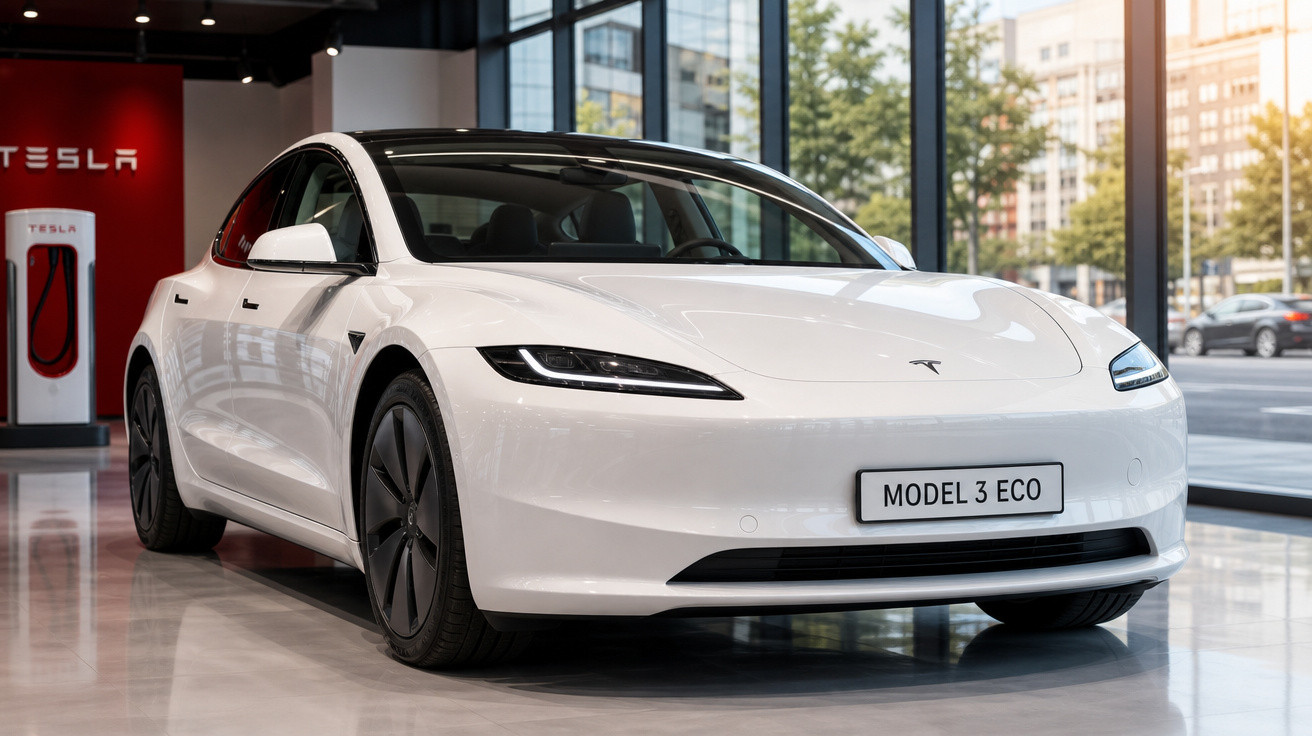 Carro elétrico branco Tesla Model 3 Eco numa exposição com carregador Tesla ao fundo.