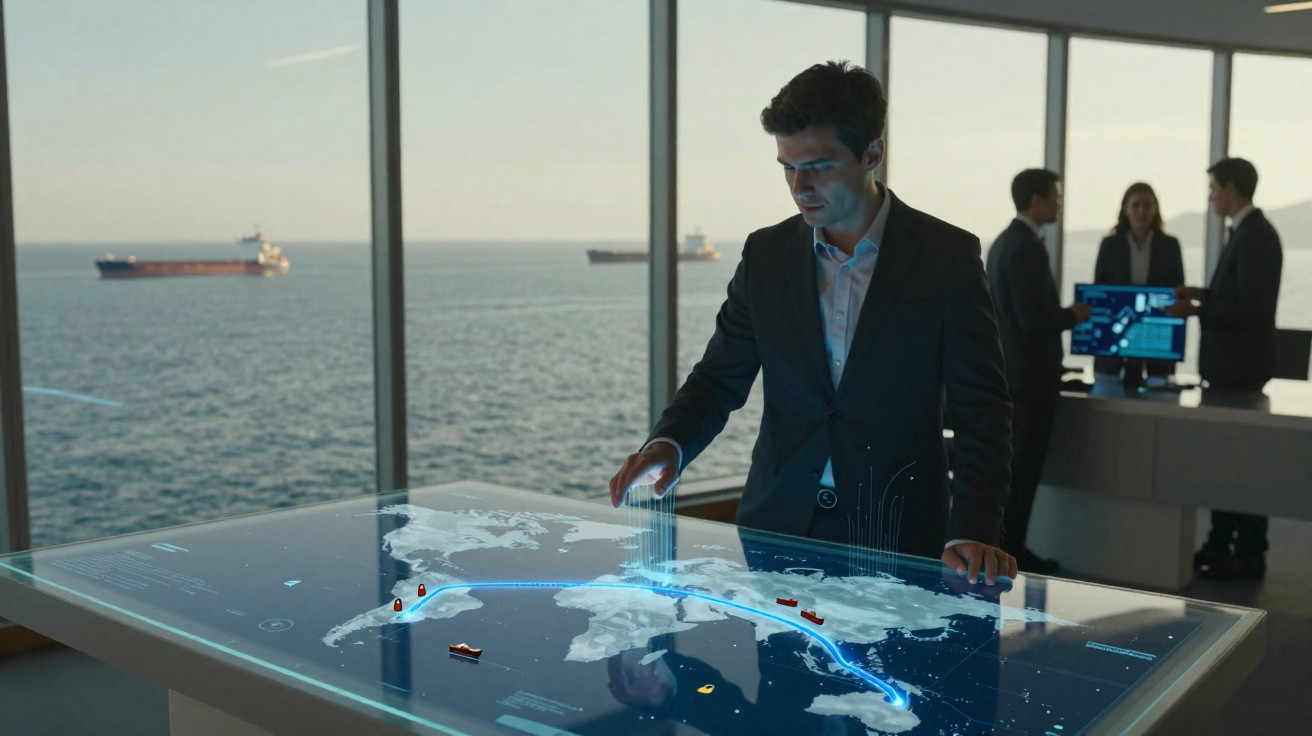 Homem a interagir com mapa digital numa mesa transparente com vista para o mar e navios no horizonte.