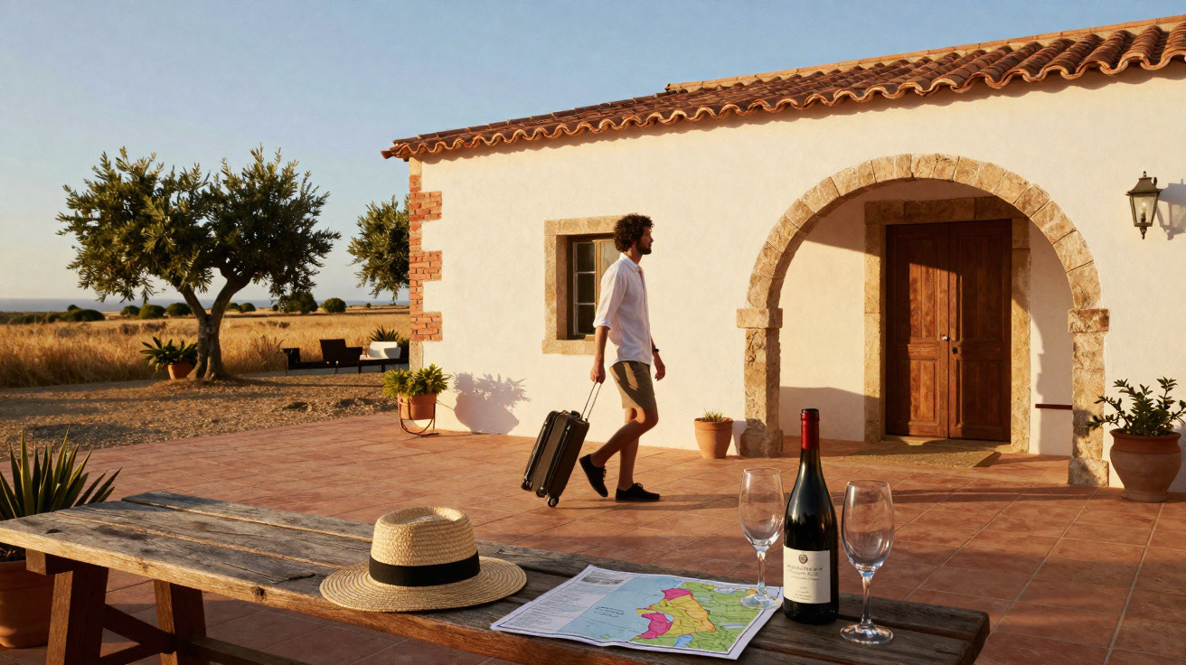 Homem com mala a caminho de uma casa rural ao pôr do sol com mesa exterior, chapéu, mapa e vinho.