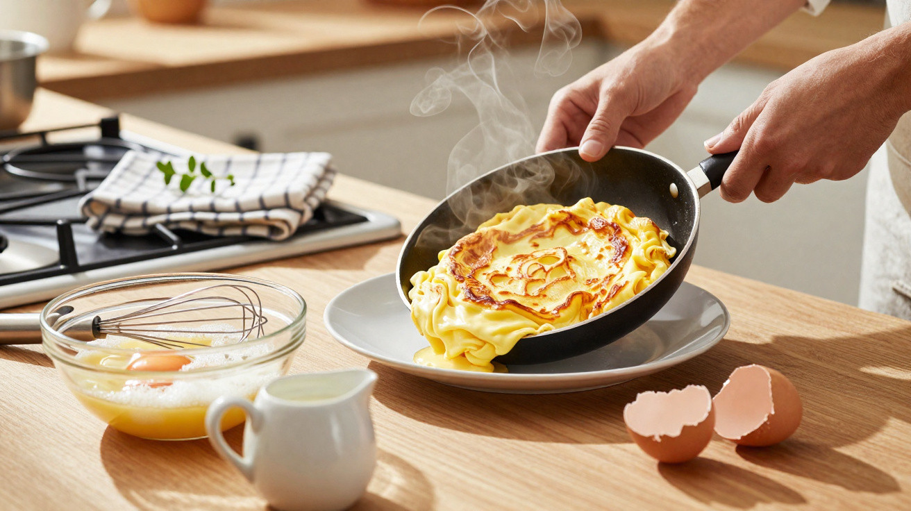 Mãos a retirar panqueca quente e fumegante de frigideira para prato, com ingredientes ao lado na bancada.
