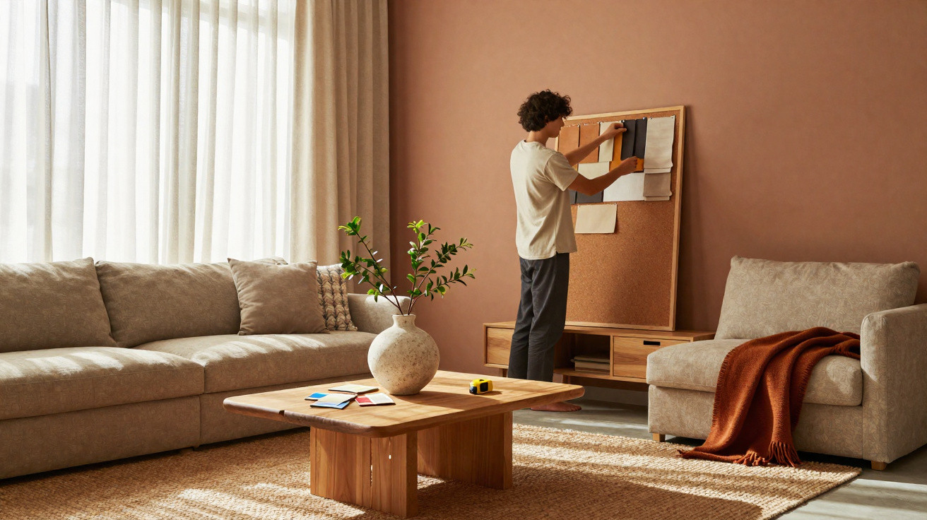 Pessoa em sala de estar moderna com sofás, mesa de madeira, vaso com plantas e quadro de cortiça na parede.