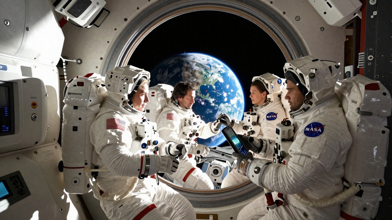 Quatro astronautas em fatos espaciais dentro de uma estação com a Terra visível pela janela circular.