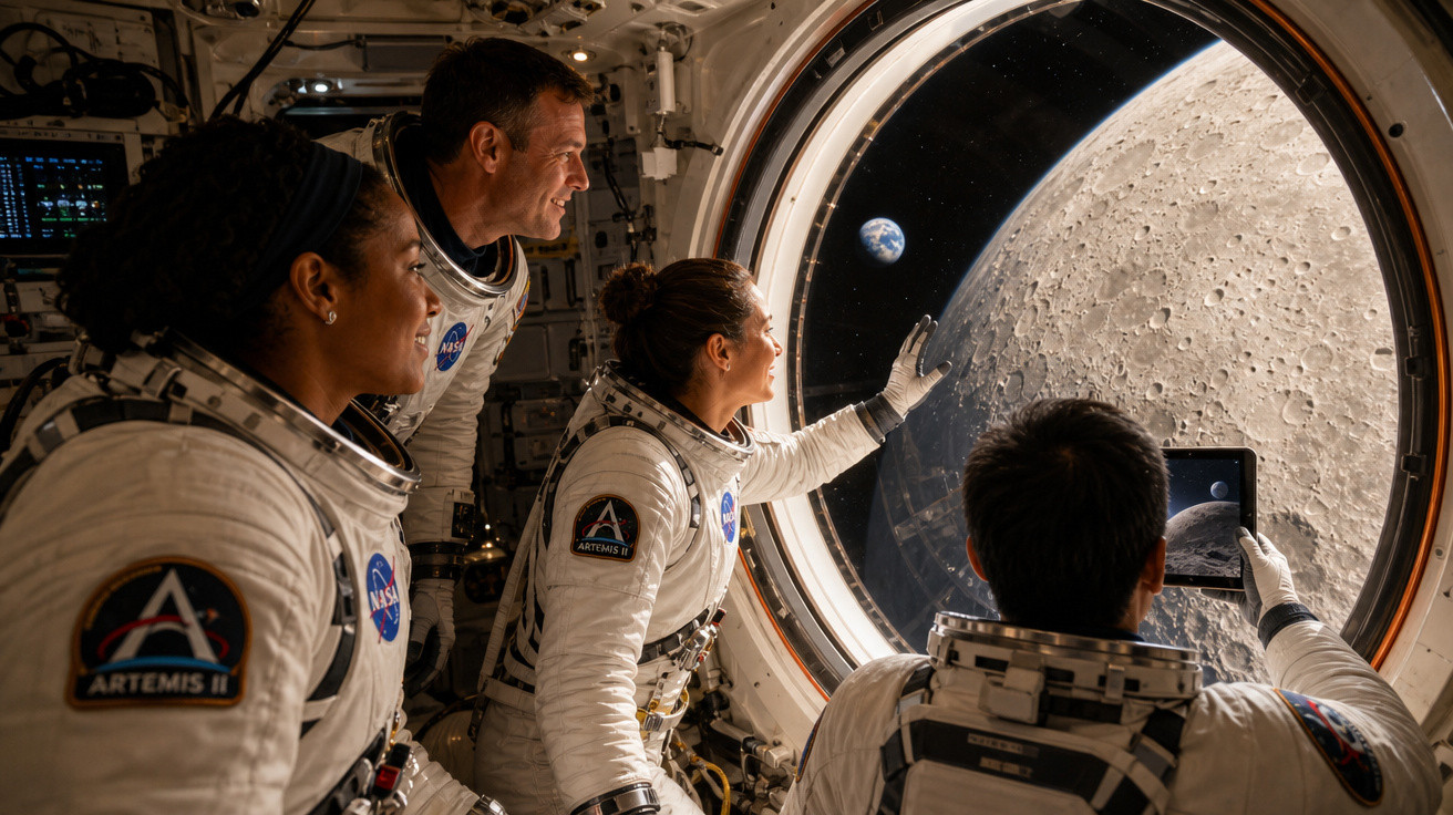 Astronautas da missão Artemis II observam a Lua e a Terra através da janela da nave espacial.