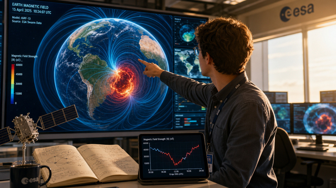 Homem a analisar dados do campo magnético da Terra em ecrã grande num centro da ESA.