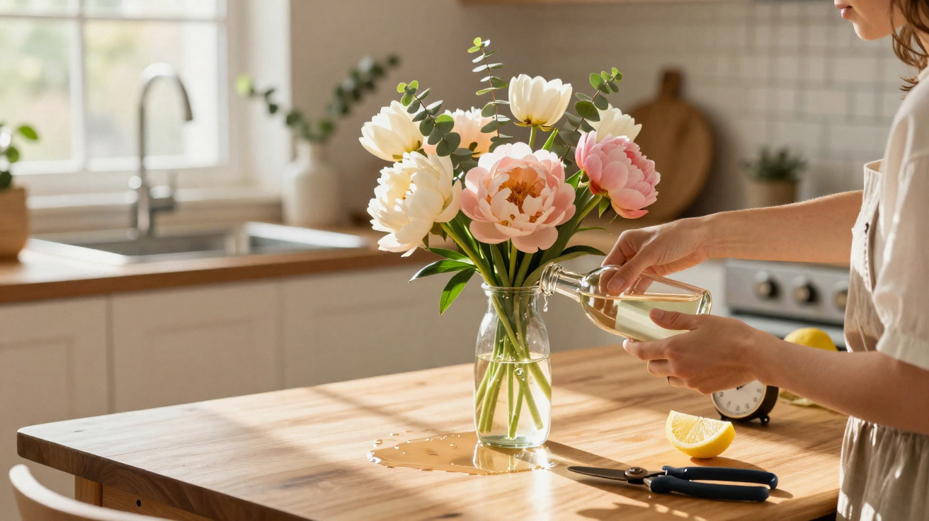 Pessoa a regar flores em jarra de vidro numa cozinha luminosa com bancada de madeira e utensílios.