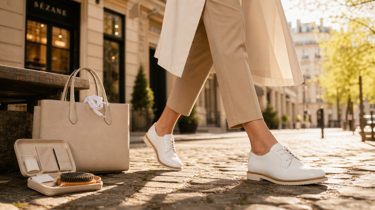 Pessoa a caminhar na rua com sapatos brancos, calças bege e casaquinho, ao lado de bolsa e kit de acessórios.