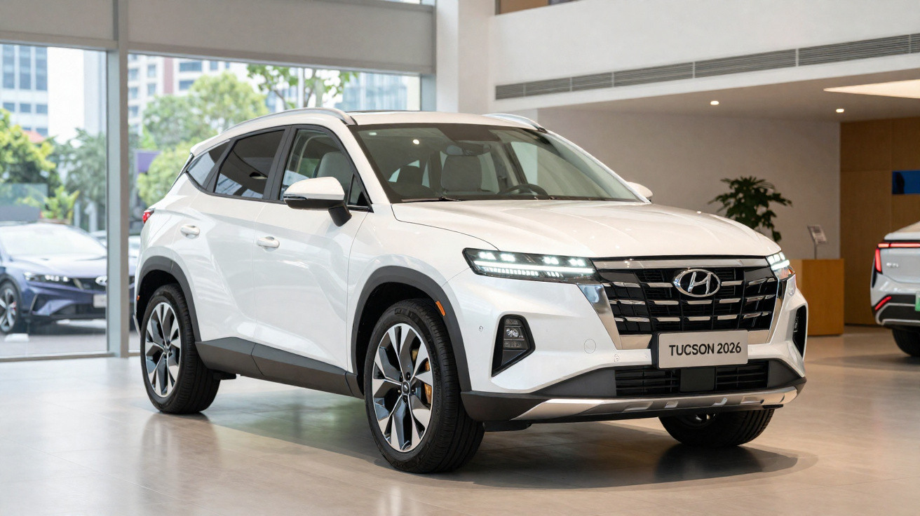 SUV branco Hyundai Tucson 2026 exibido em showroom moderno com janelas grandes.