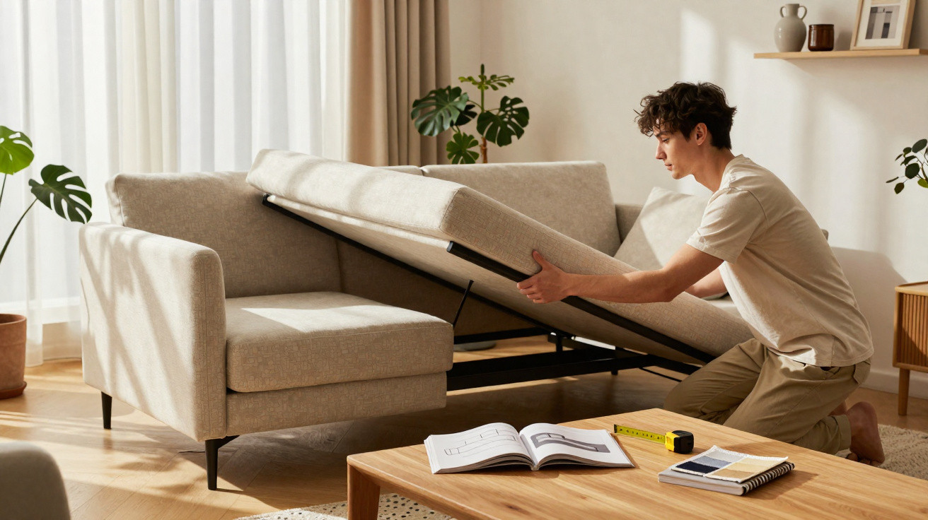 Homem a abrir sofá-cama bege numa sala iluminada com plantas e mesa de madeira.