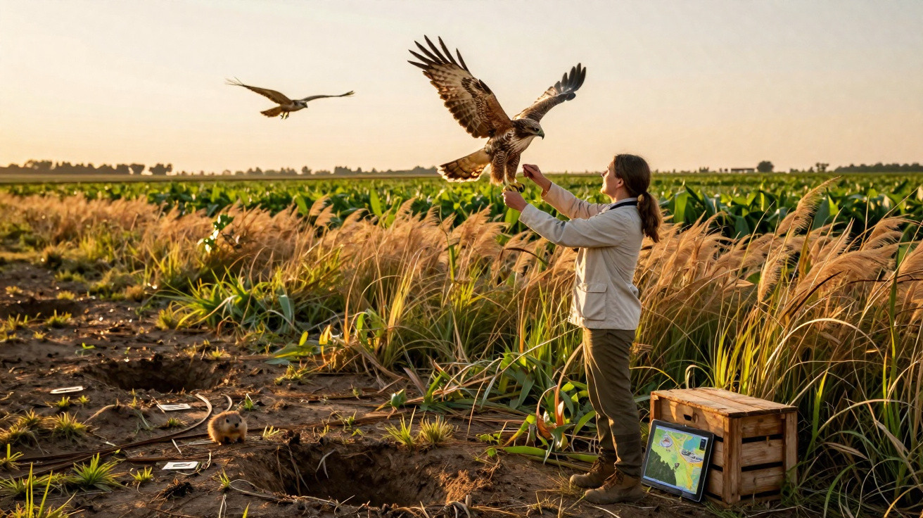 Pessoa solta águia num campo ao pôr do sol, com caixa e outros animais no chão.