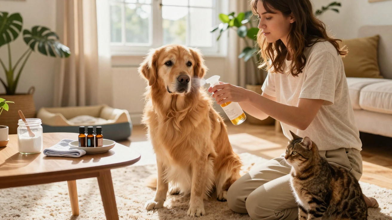 Mulher a aplicar spray no pelo de um cão golden retriever, com gato junto, em sala acolhedora.