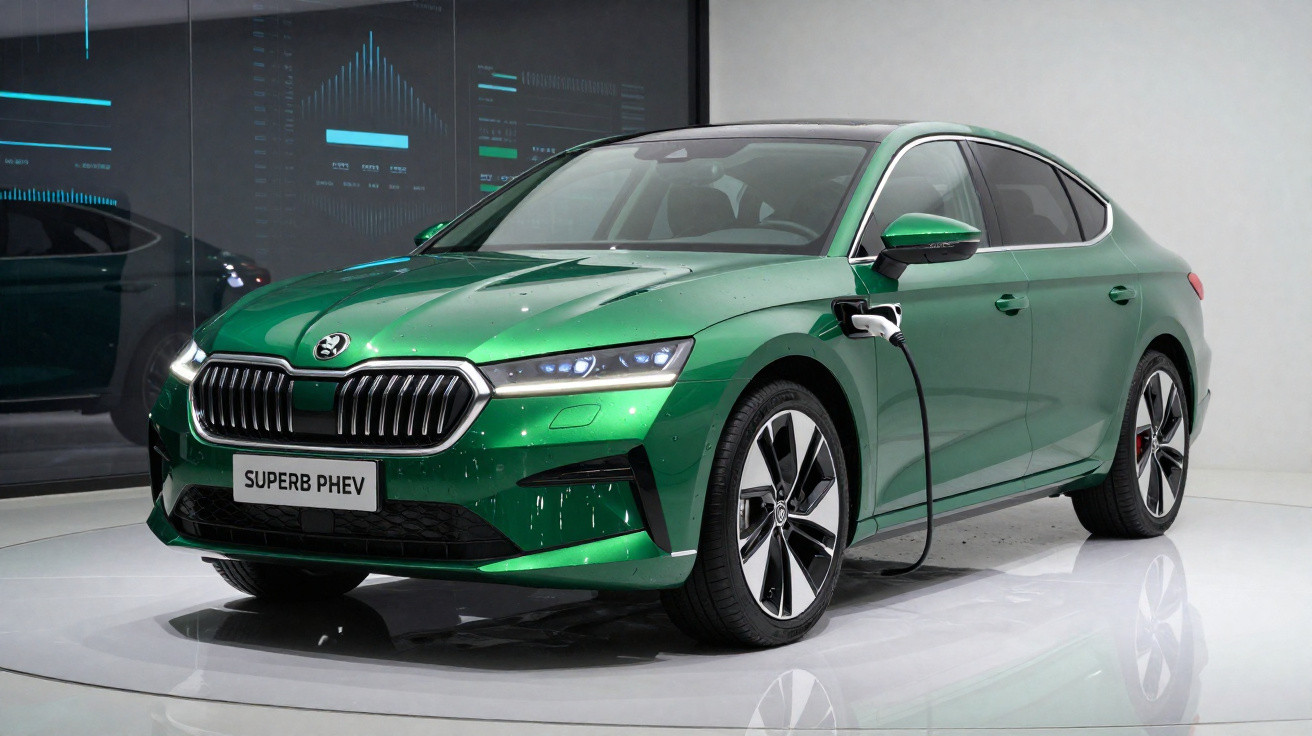 Carro elétrico verde Škoda Superb PHEV a carregar numa estação dentro de uma garagem moderna.