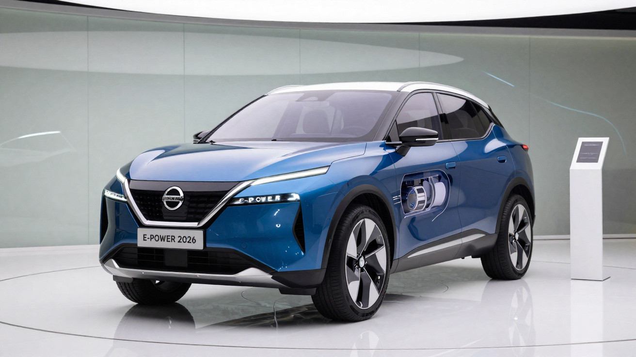 Carro elétrico azul Nissan E-POWER 2026 exibido em sala de exposição moderna com design futurista.