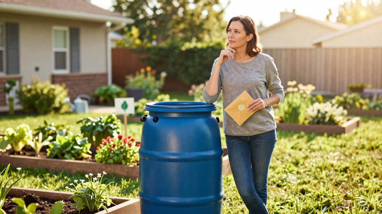 Mulher pensativa junto a um tonne azul no jardim com canteiros e plantas ao fundo.