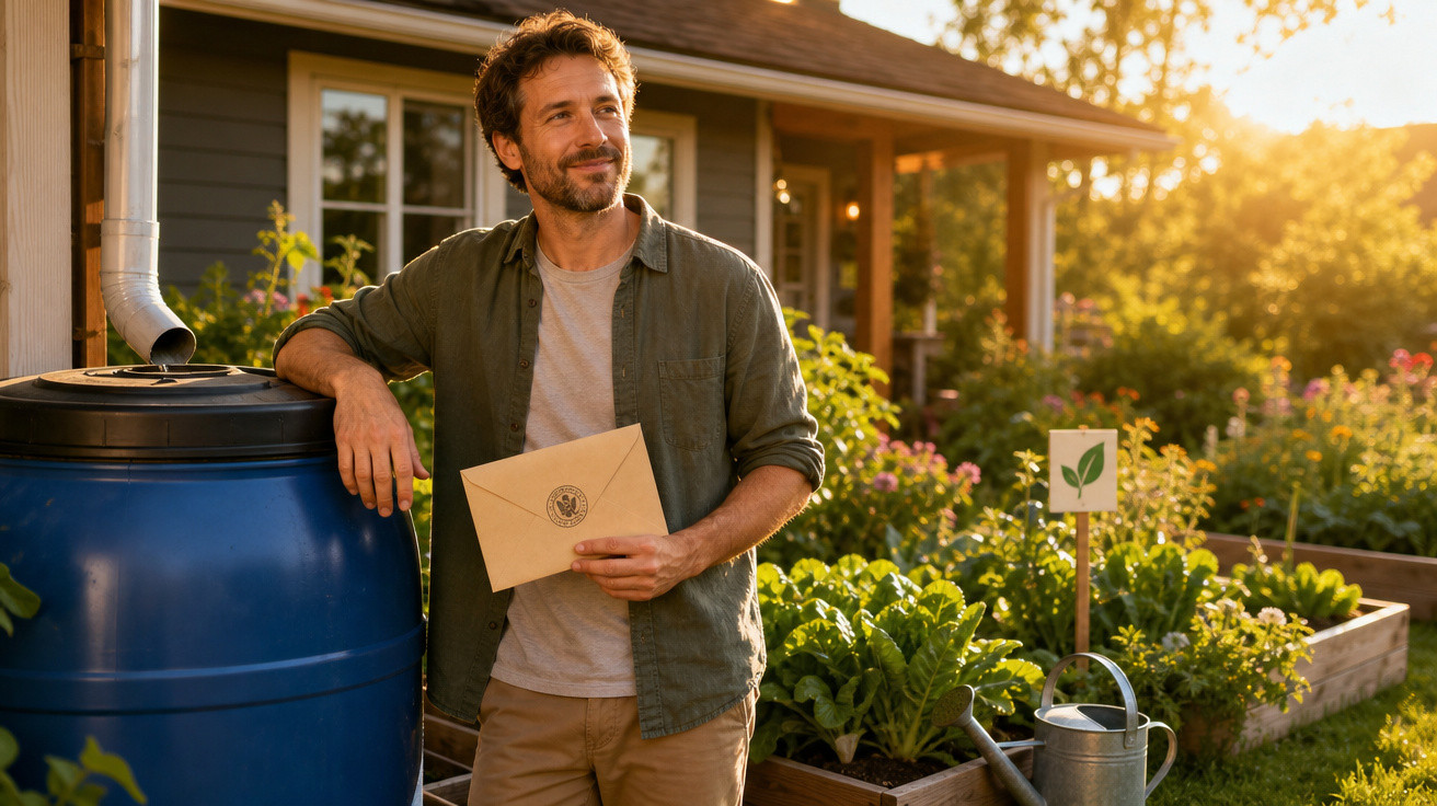 Homem sorridente segurando envelope junto a barril azul e vegetais num jardim iluminado pelo sol poente.