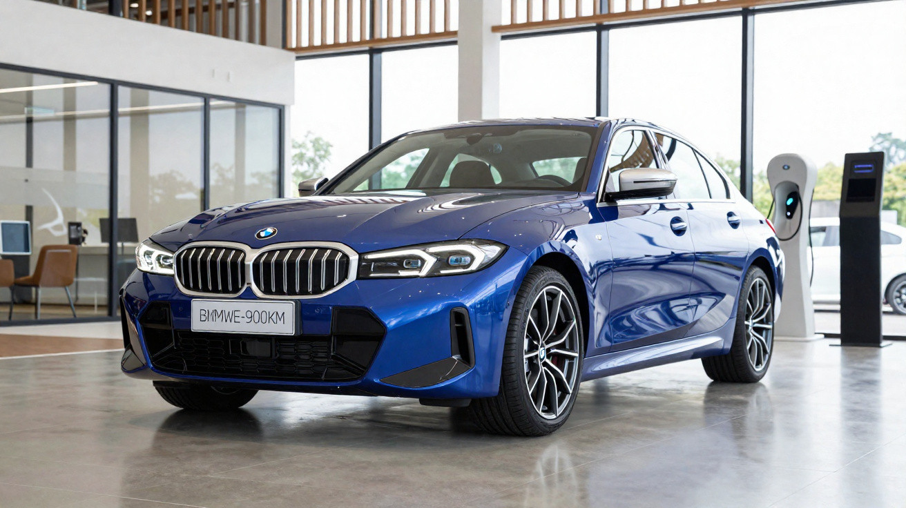 Carro BMW azul estacionado num showroom moderno com grandes janelas e estação de carregamento elétrica.