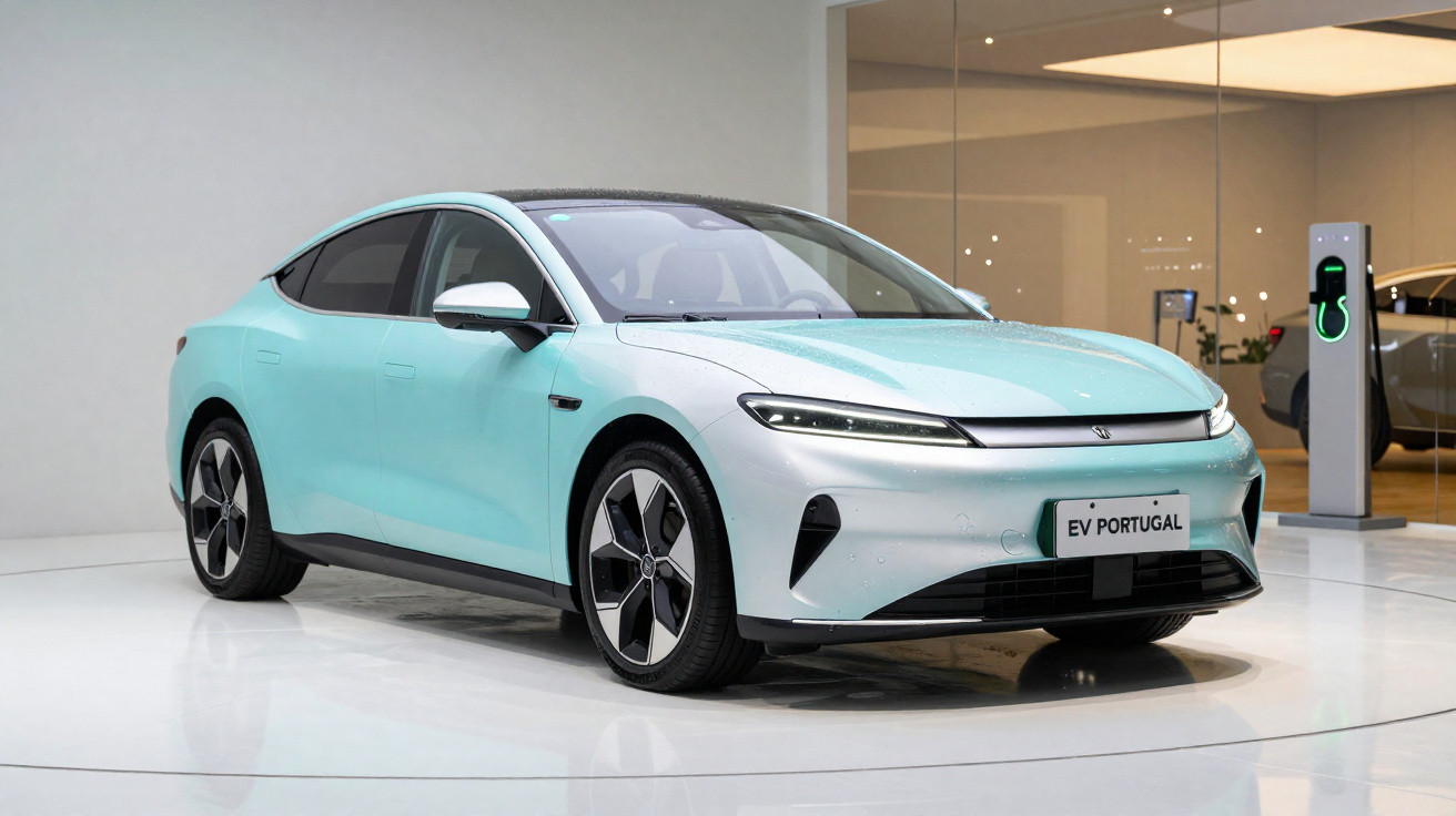 Carro elétrico moderno branco com azul claro em exposição, com estação de carregamento elétrica ao lado.