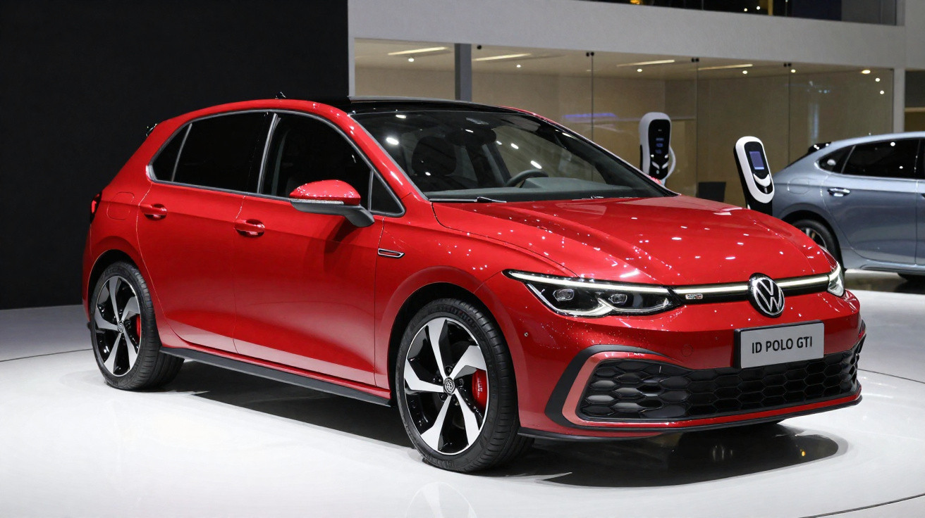 Carro vermelho Volkswagen ID Polo GTI estacionado em exposição automóvel interior.