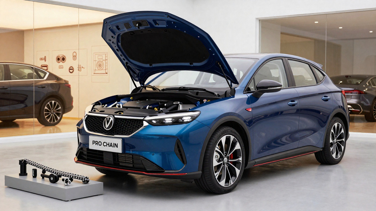 Carro elétrico azul com capô aberto numa garagem, modelo Pro Chain com componentes expostos ao lado.