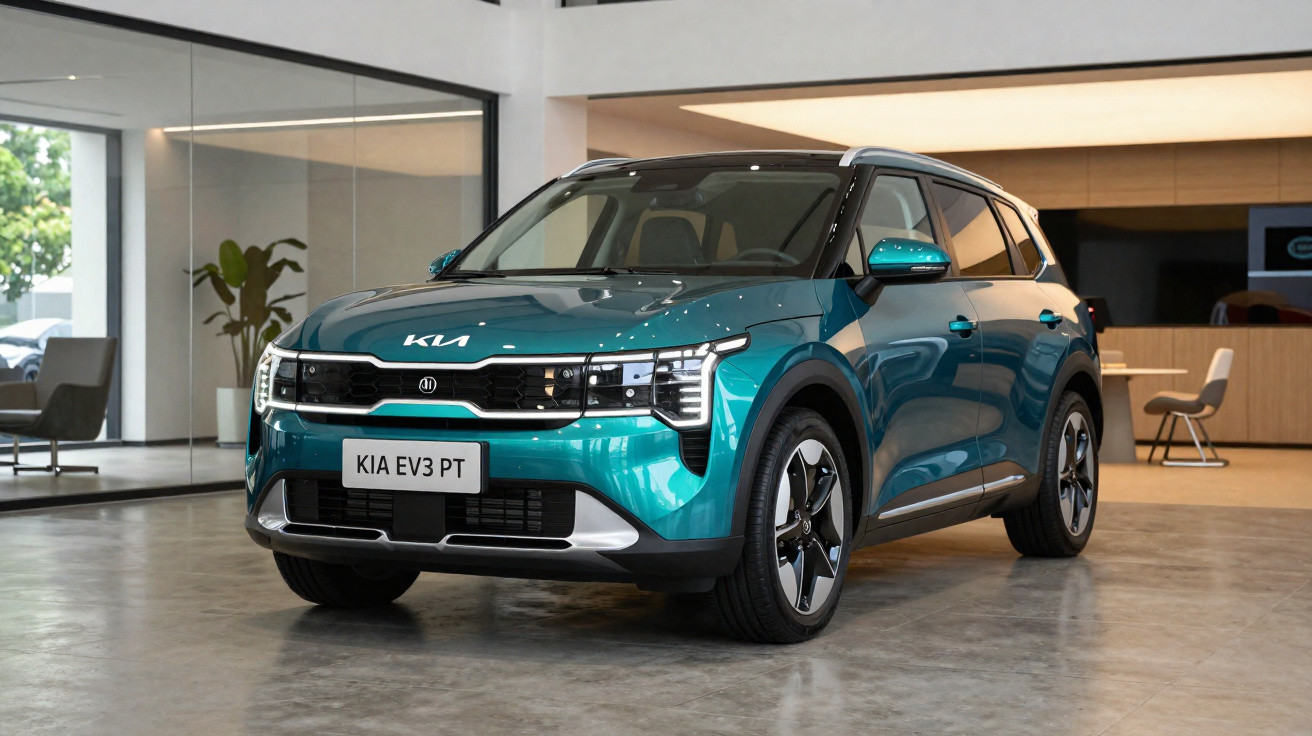 Carro elétrico KIA EV3 PT verde turquesa em destaque, estacionado num showroom moderno e luminoso.
