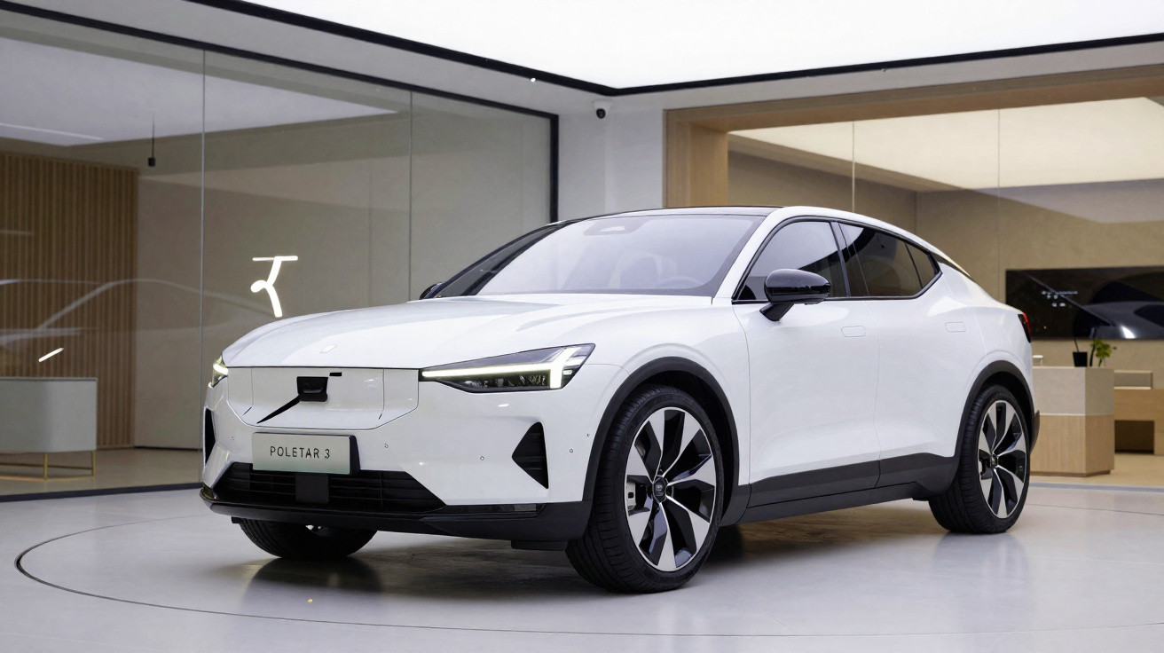 Carro eléctrico branco Polestar 3 estacionado num showroom moderno e minimalista.