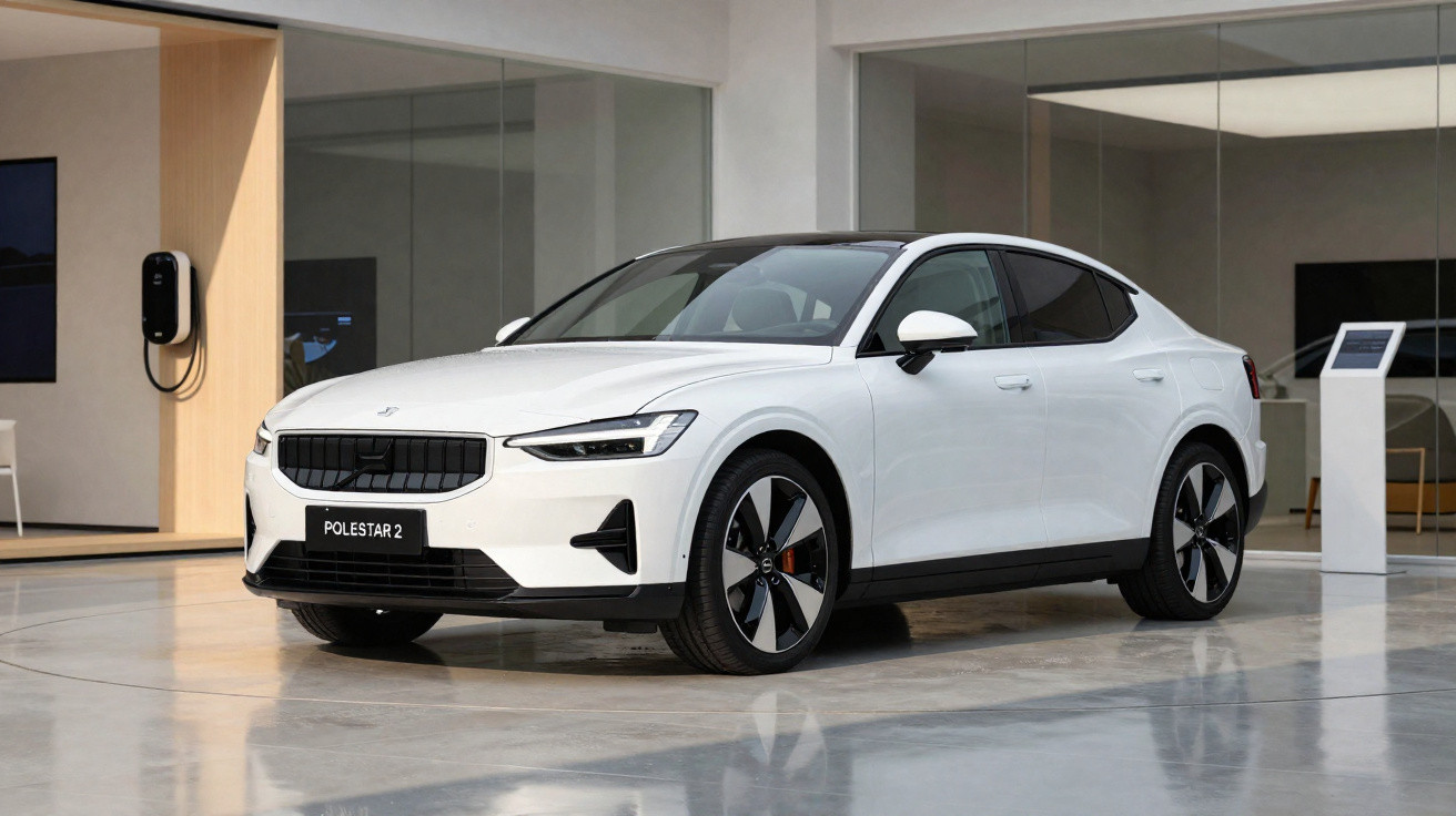 Carro elétrico branco Polestar 2 estacionado em salão moderno com chão refletor e paredes de vidro.