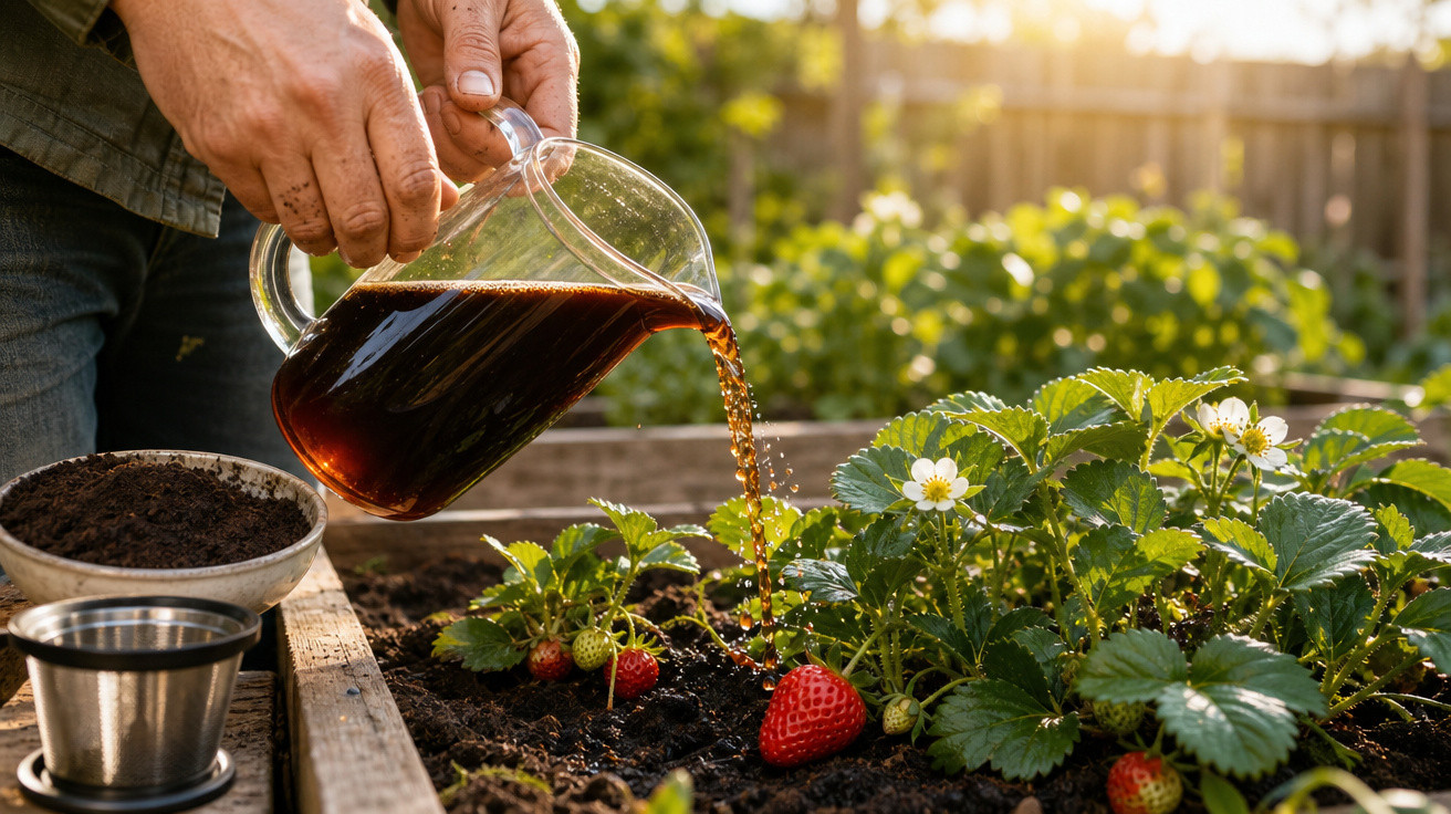 Pessoa a regar plantas de morango com líquido escuro num jardim ao pôr do sol.