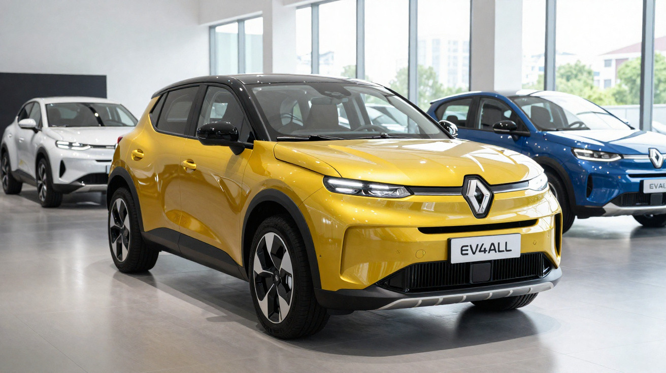 Carros elétricos Renault EV4ALL em exposição numa sala com grandes janelas e luz natural.