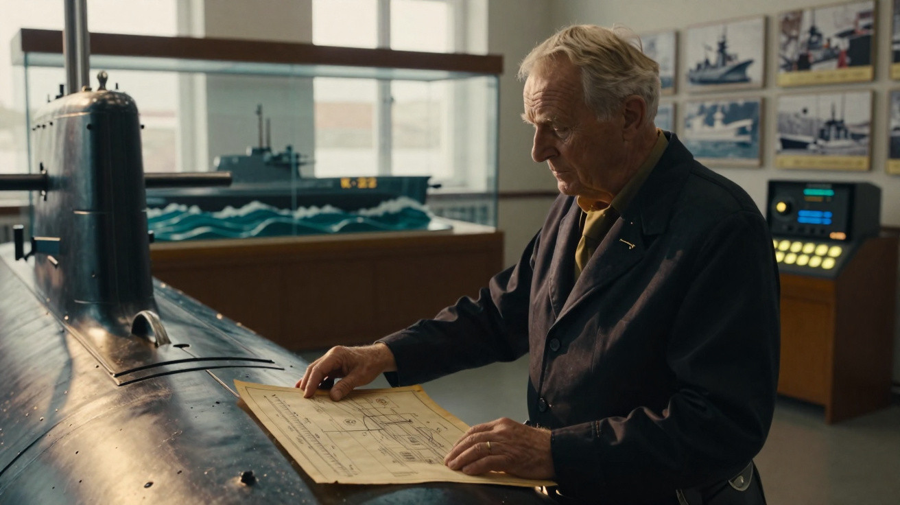 Homem idoso analisa desenhos técnicos junto a um modelo de submarino num museu.