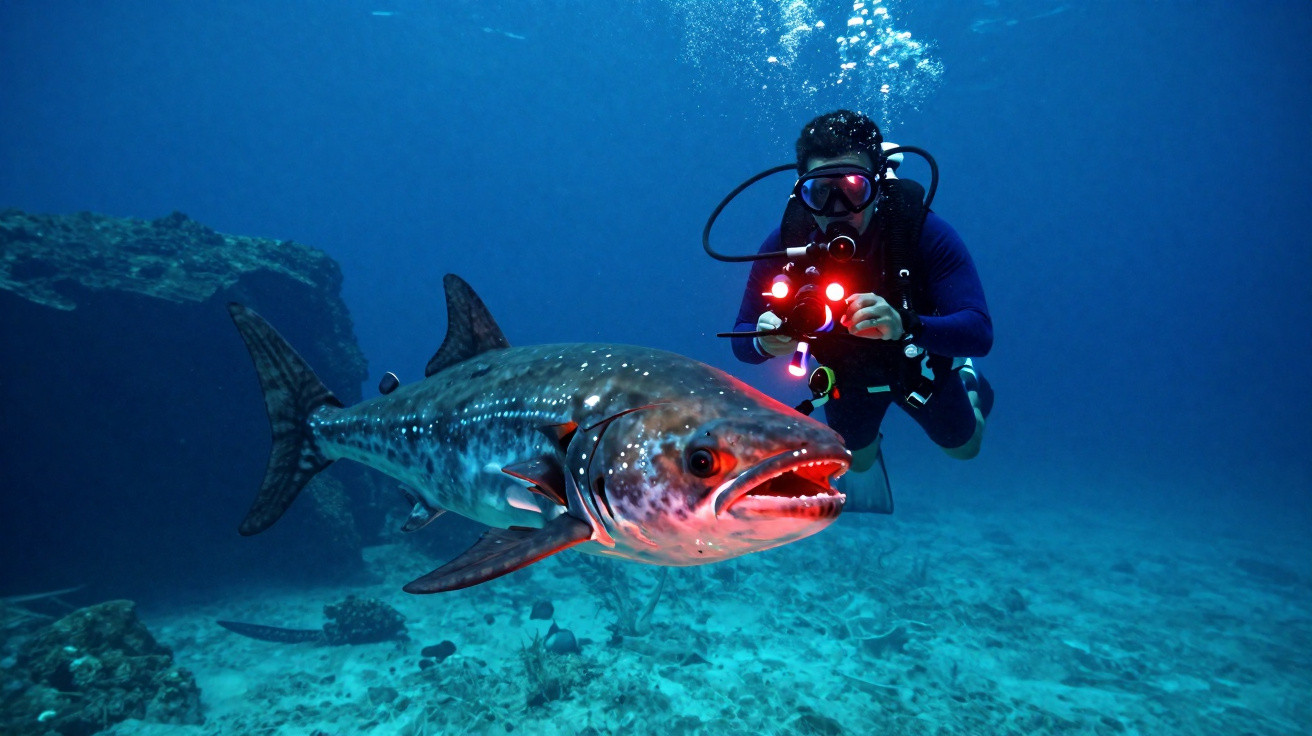 Mergulhador documenta com câmara peixe grande com boca aberta no fundo do mar azul profundo.