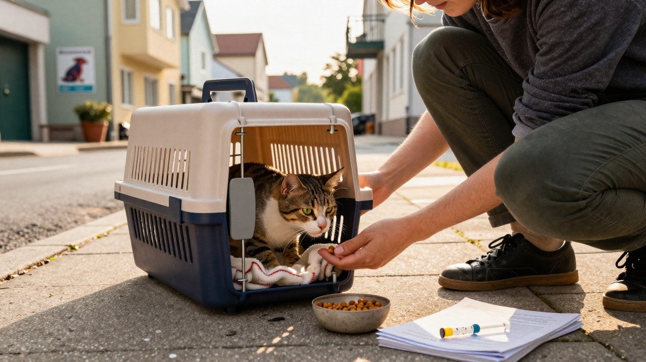 Pessoa alimenta um gato dentro de uma transportadora numa rua de bairro residencial.