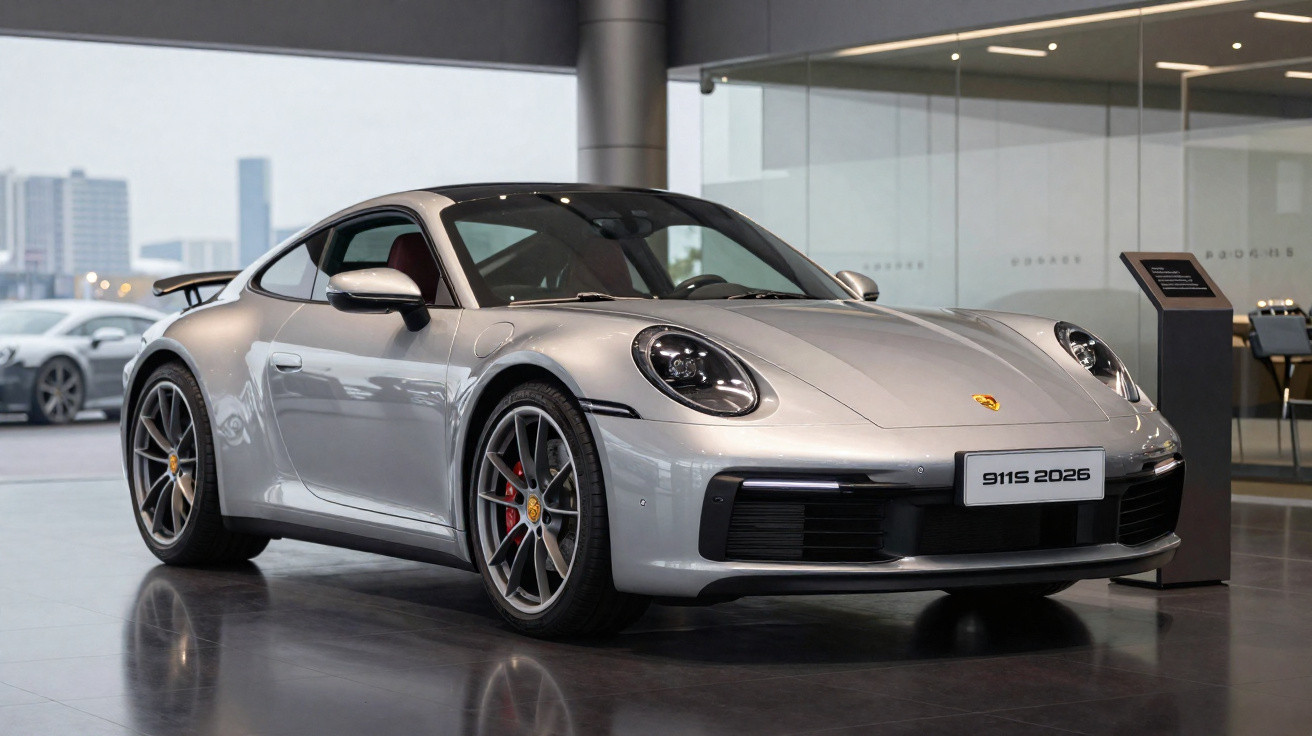 Carro desportivo Porsche 911 prata 2026 em exposição num showroom moderno e iluminado.