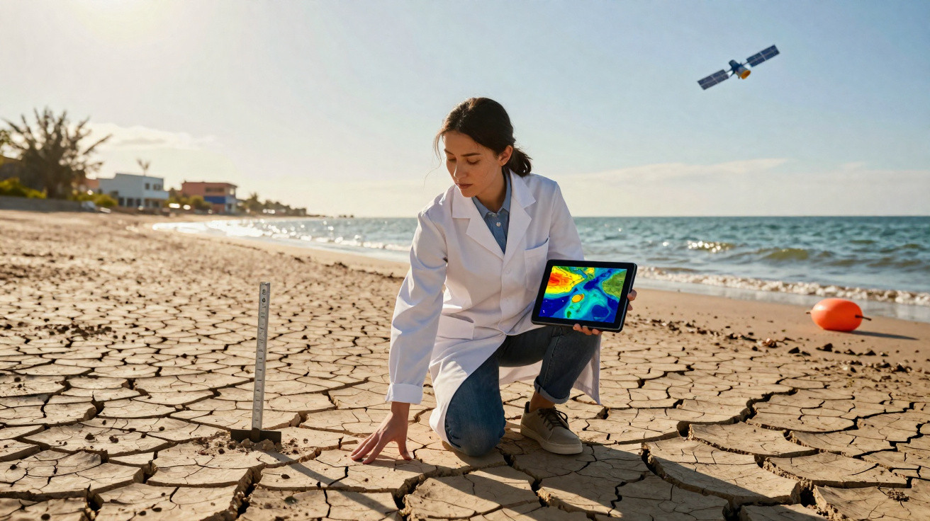 Cientista analisa solo seco numa praia com tablet, enquanto satélite sobrevoa o mar ao fundo.