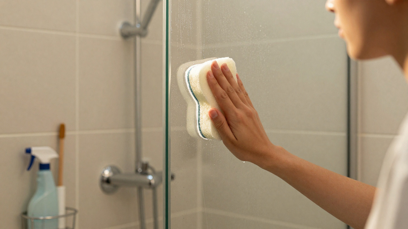 Pessoa a limpar o vidro do chuveiro com uma esponja branca num banheiro moderno.