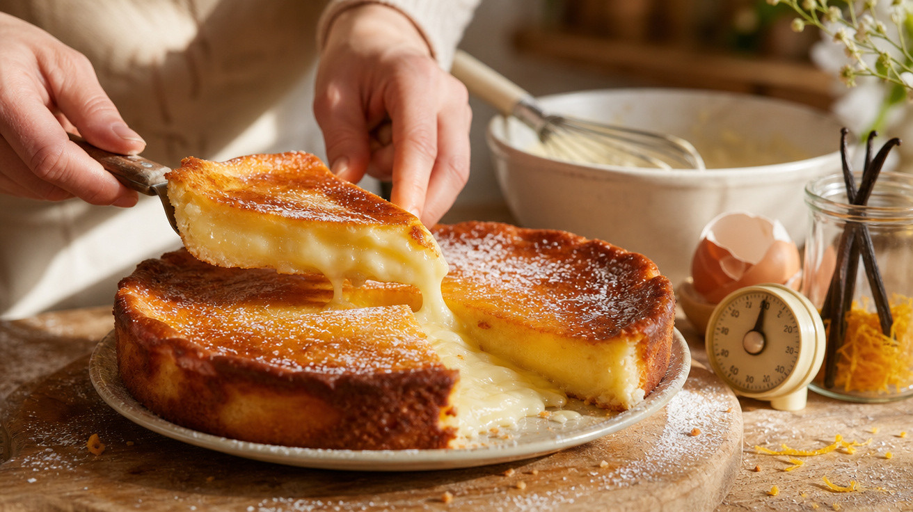 Pessoa a servir fatia cremosa de tarte de queijo caseira no prato branco, sobre bancada de madeira.