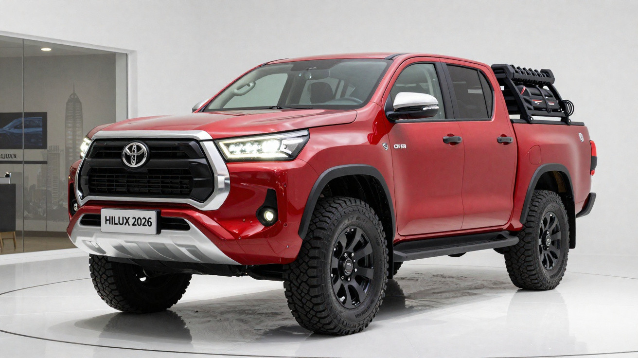 Toyota Hilux 2026 vermelha, pick-up robusta com faróis LED e pneus todo-terreno, em estúdio branco.