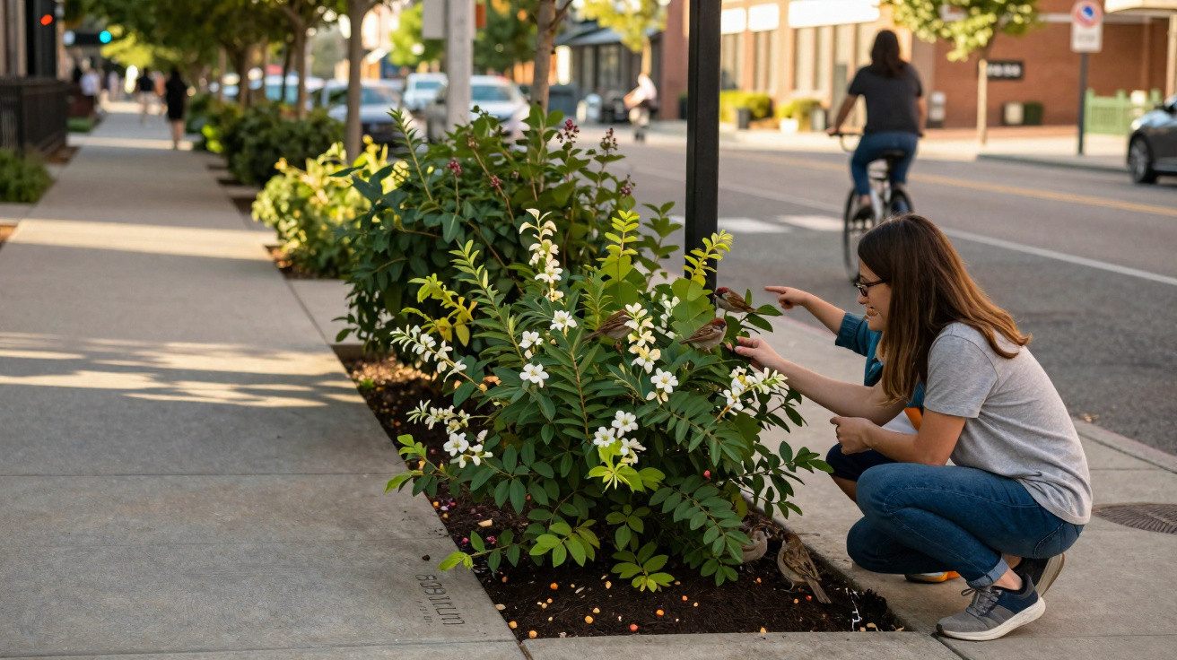 Mulher ajoelhada a cuidar de plantas com flores brancas na calçada de uma rua urbana durante o dia.