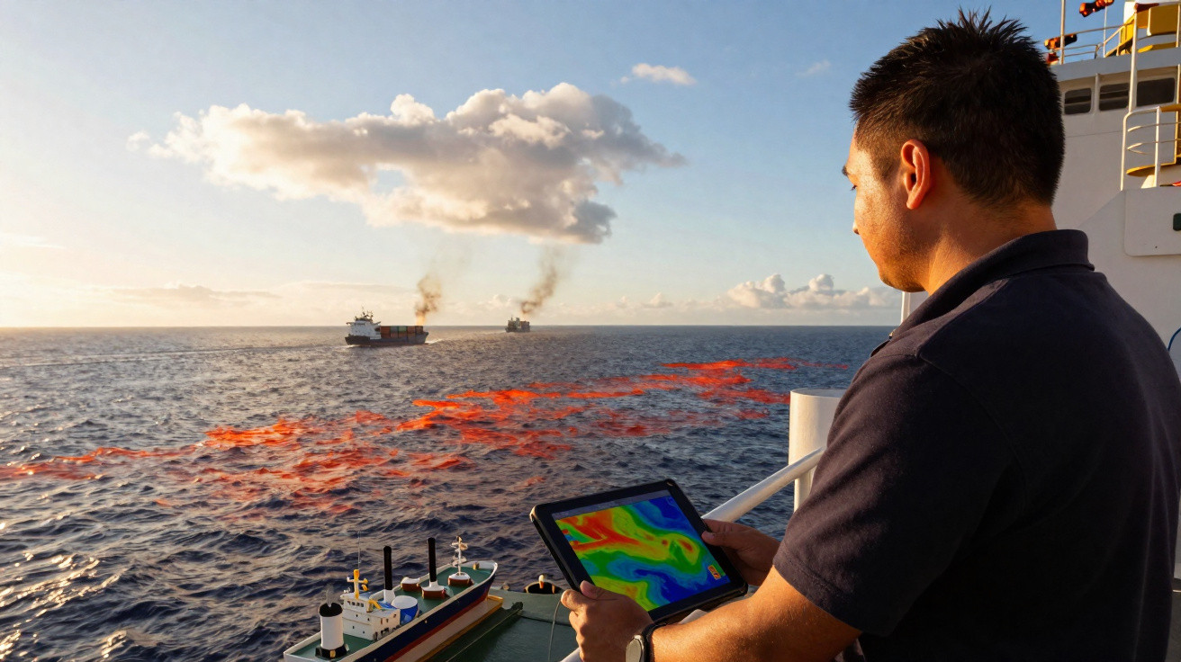 Homem com tablet no convés de um navio observa o mar ao pôr do sol, com dois navios ao fundo.
