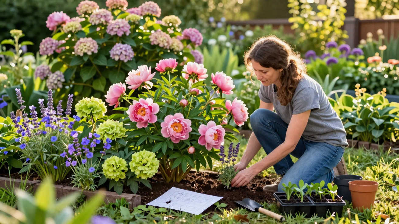 Mulher a cuidar de plantas e flores coloridas num jardim ensolarado, com ferramentas de jardinagem ao lado.