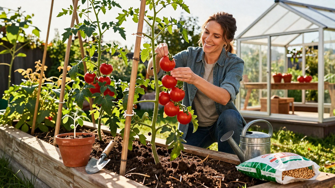 Mulher sorridente colhendo tomates vermelhos maduros num jardim com estufa ao fundo.
