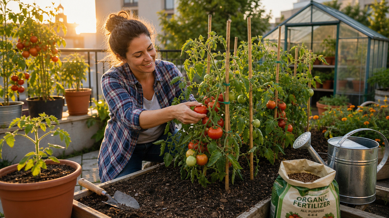 Mulher a colher tomates num jardim urbano com regador e saco de fertilizante orgânico ao lado.